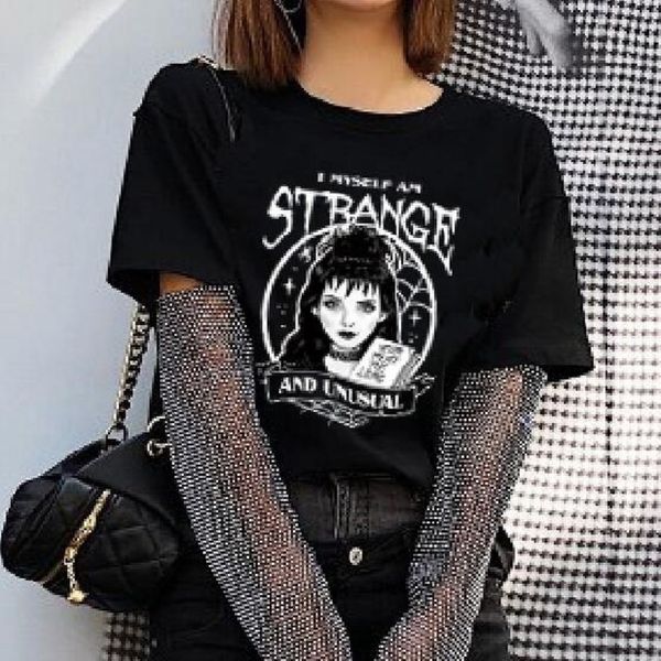 1 adet Serin Moda T Gömlek Beetlejuice I Kendim AM Garip ve Sıradışı Siyah T-Shirt Kadınlar Sevimli Grunge Gotik Tee Cadılar Bayramı Cadı 210306