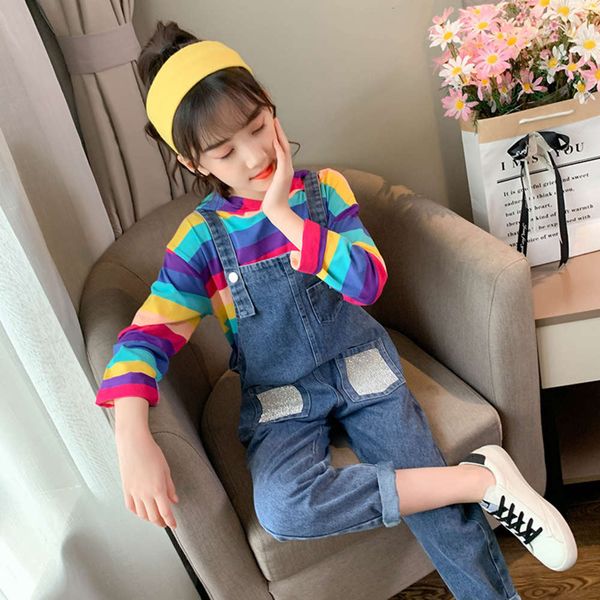 

clothing girls' korean denim suspenders spring new 2021 zhongda children's rainbow two piece set fashion, Blue