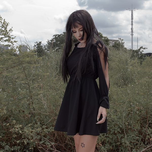 

flare long sleeve slash neck lace up hollow out slim dress 2021 spring goth dark women off shoulder pleated dress, Black;gray