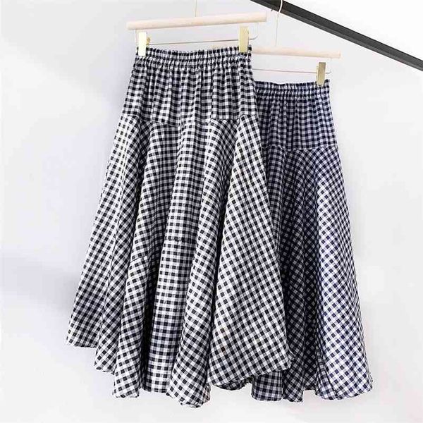 

qooth plaid skirt's summer beach long skirt high elastic waist big hem plaid flare skirt cotton blend women jupe qh2301 210724, Black