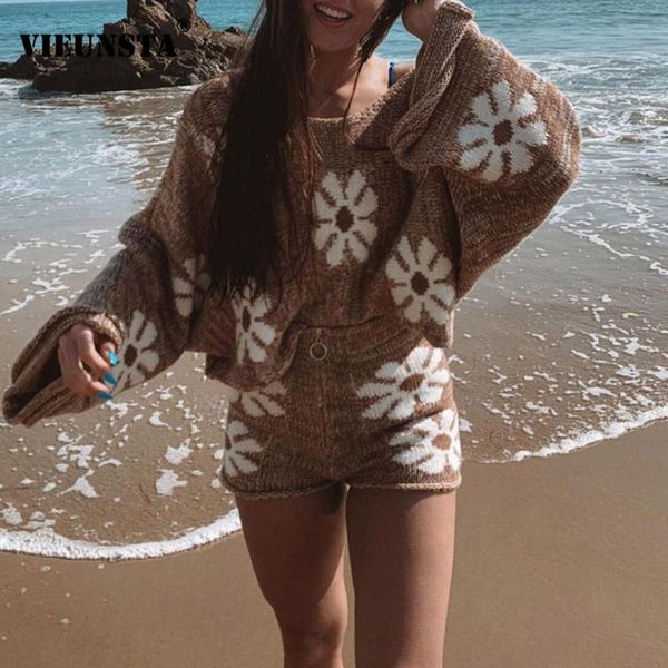 

women's tracksuits 2021 autumn daisy print knitted sweater two piece set women casual o neck pullover and shorts beach suit ladies, Gray