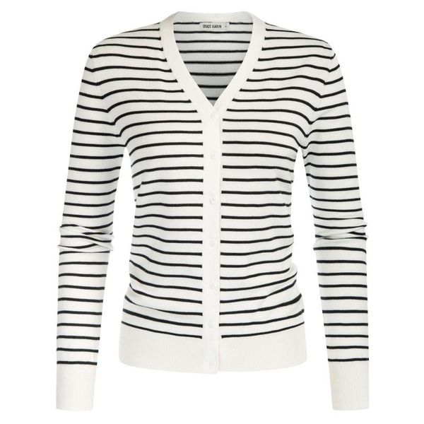 

women's t-shirt women striped cardigan sweater long sleeve v-neck button-up knitwear button, White