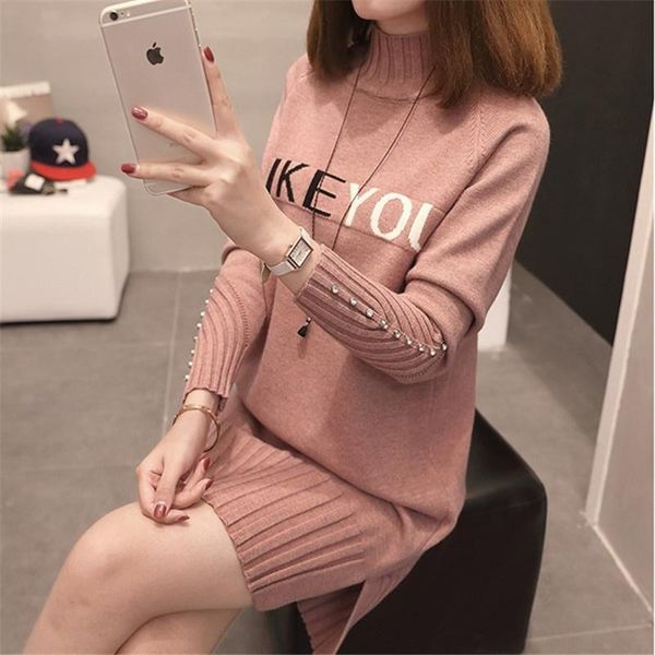 

women's sweaters 2021 autumn fashion mid long turtleneck knitted sweater women pullover 6 color diamond letter print high collar knit, White;black