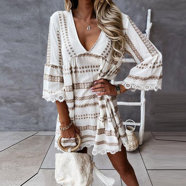 

casual dresses elegant boho women dress floral print summer v neck beach party patchwork lace flare sleeve vestidos, Black;gray