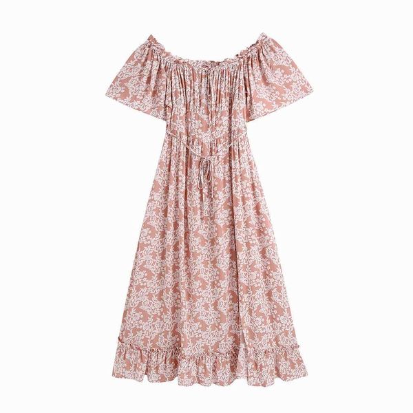 

summer women's dress fashion short sleeve slash neck frill vestido modern lady midi sundress 210602, Black;gray