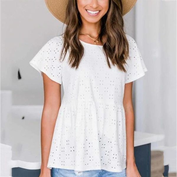 

women's t-shirt summer tshirt hollow out casual round neck white splicing short sleeve fashion loose tee shirt femme 2021