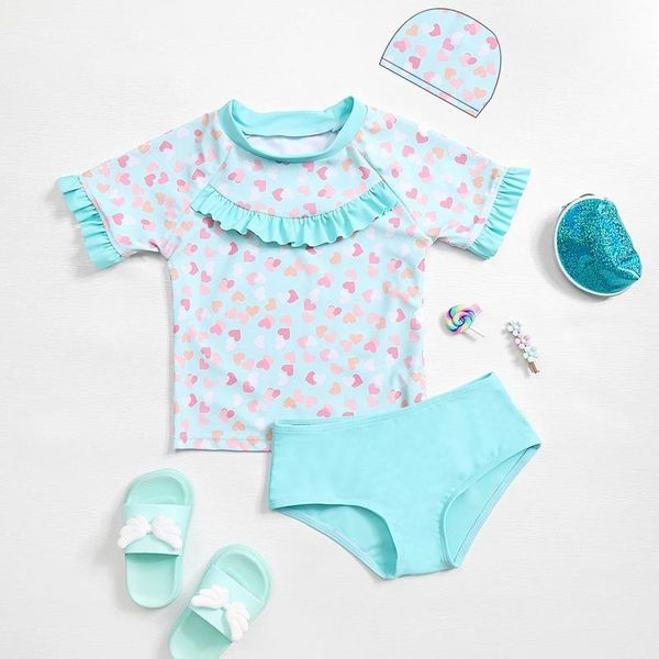 

two-piece suits short sleeve girls swimsuit cyan pink print kids swimwear set bathing suit upf 50+ beach swimming for child 2021 summer