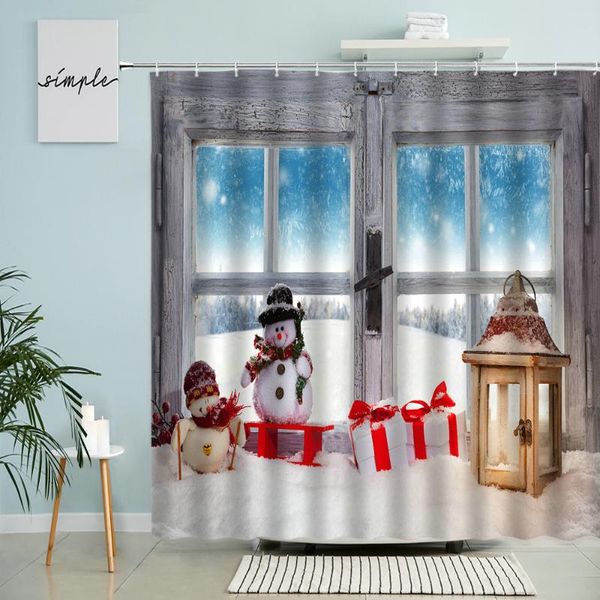 Tende da doccia Xmas Window View Curtain Buon Natale Pupazzo di neve Decorazioni da parete per bagno di Babbo Natale con ganci appesi impermeabili