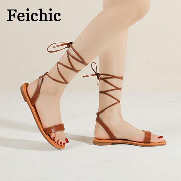 

sandals feichic large size flat summer style beach strap shoes women's one word chaussure femme platform, Black