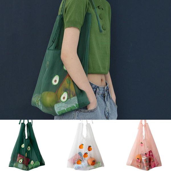 

portable reusable grocery bags pear embroidered clear jelly messenger shoulder bag women vegetable fruit storage pouch handbag