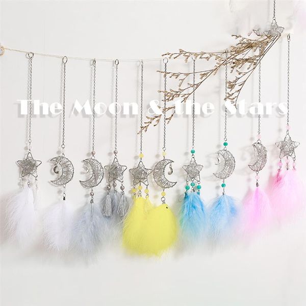 

decorative objects & figurines metal hollow out moon star keychain pendant with feather and beads, handmade birthday gifts key chain for key