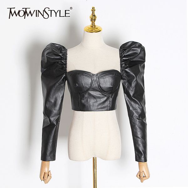 

twotwinstyle vintage short backless women's blouse square collar puff long sleeve tunic shirts female fashion clothing tide 21302, White