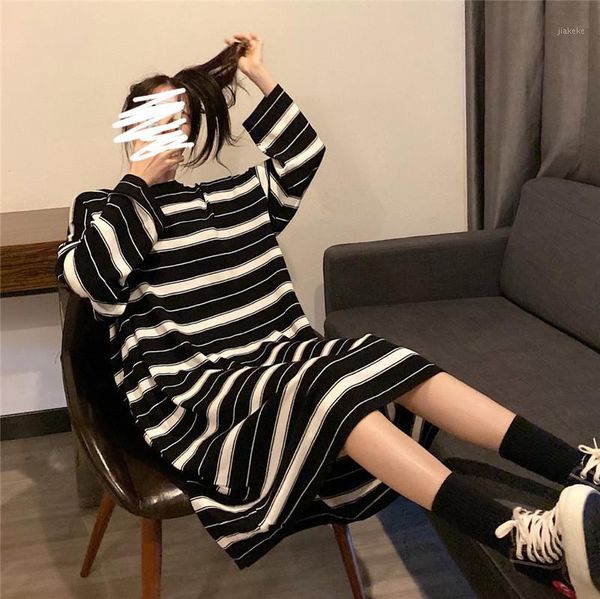 

women autumn preppy style long loose stripe knitting dress plus size female casual nightgowns young lady cotton dress wholesale1, White;black
