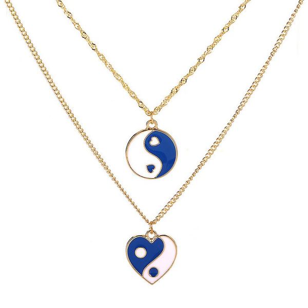 

fashion jewelry love heart statement necklaces taiji bagua charm pendant for lovers colar men women, Silver