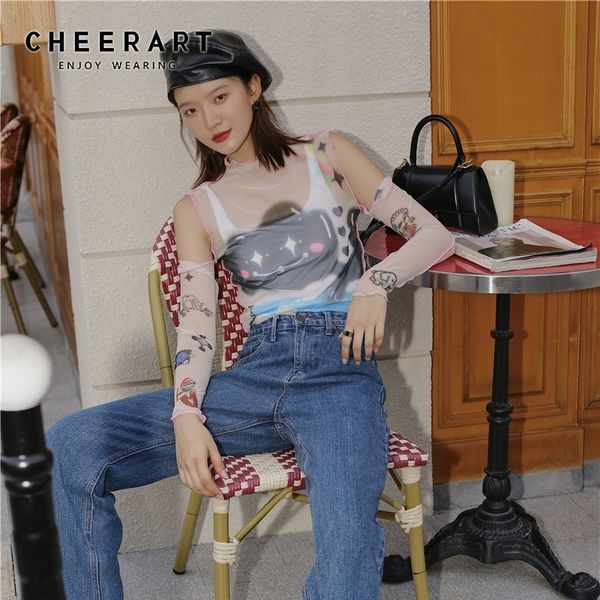 

cheerart off shoulder mesh turtleneck long sleeve t shirt women see through transparent tee alternative fashion 210306, White