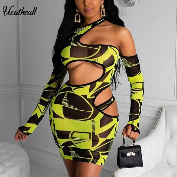 

casual dresses hollow out party print tie dye bodycon off shoulder broken dress streetwear perspective mesh mini, Black;gray