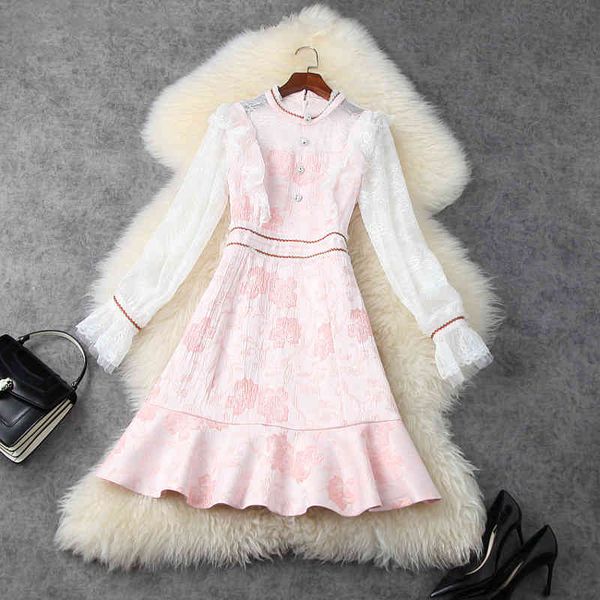 

casual dresses spring jacquard office lace flower with waist closing slim work dress mesh women retro party hplt, Black;gray