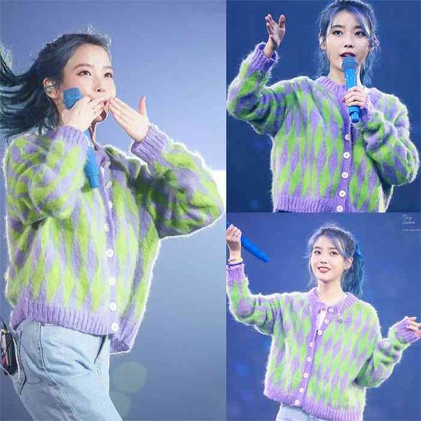 

woman sweaters green purple diamond plaid retro sweater womens plaid knitted cardigan femme chandails pull hiver, White;black