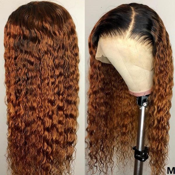 

lace wigs curly 1b/30 ombre colored front wig 180 brazilian remy human hair with baby plucked 13x4 for women kl, Black;brown