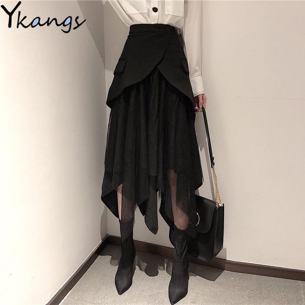 

2021 korean vintage gothic patchwork suit pocket pleated women high waist ladies office a-line irregular midi long black skirt 6ltf