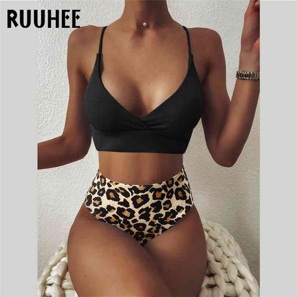 

ruuhee women swimsuit ribbed high waist solid black white push up bikini sets swimwear female with padded bathing suit 210716, White;black