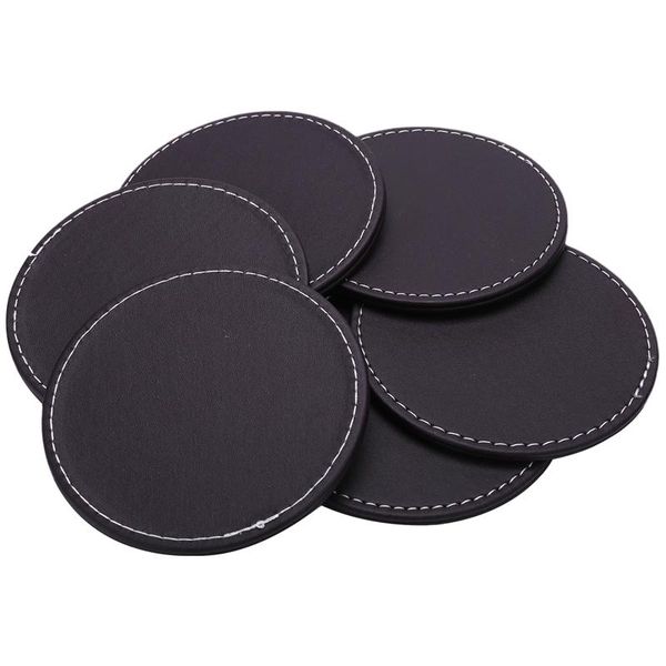 

mats & pads coasters for drinks,leather with holder set of 6,protect furniture from water marks scratch and damage (brown)