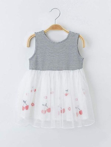 

yingzifang toddler girls striped & cherry print mesh overlay dress she, Red;yellow