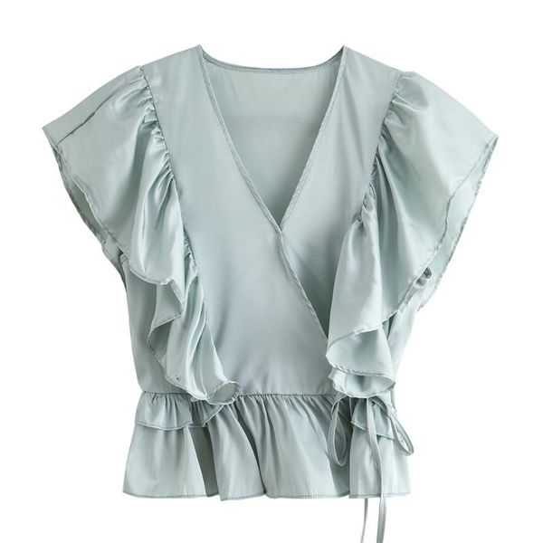 

women's blouses & shirts 2021 summer retro temperament v-neck lotus leaf sleeve waist slimming laminated x-shirt, White