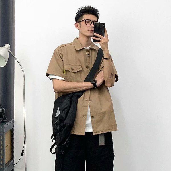 

men's casual shirts japanese fashion brand retro pocket tooling short sleeve 100% cotton shirt solid color lapel loose top, White;black
