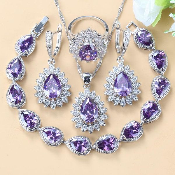 

wedding jewelry sets women costume natural purple crystal 925 silver bridal dangle earrings bracelet and ring, Slivery;golden