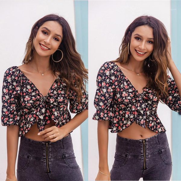 

women's t-shirt casual short women summer vintage tee half length sleeve deep v neck floral print bow elegant wear lady clothing, White