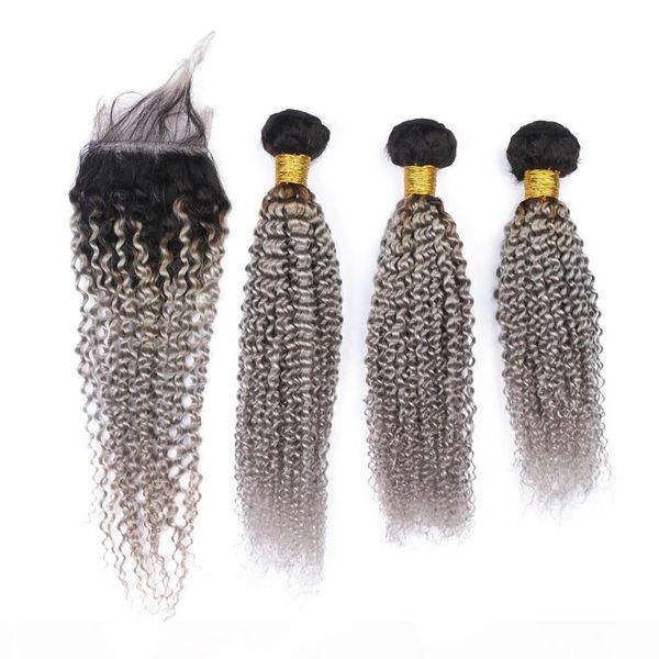 

dark root #1b grey ombre virgin hair weave with 4x4 lace closure kinky curly silver grey ombre malaysian human hair 3bundles double wefts, Black;brown