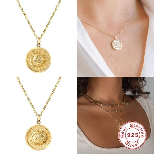 

chains mc 925 sterling silver necklaces for women sun/eyes choker golden plate pendants clavicle necklace party colar