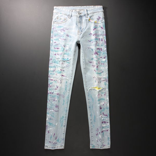 

2021 new american streetwear fashion men light blue painted designer ripped jeans elastic slim fit hip hop long pants lsj6