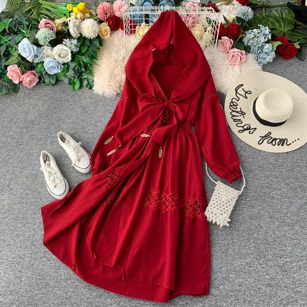 

casual dresses red royal vintage women hooded v-neck split fashionable female party dress long sleeve holiday, Black;gray
