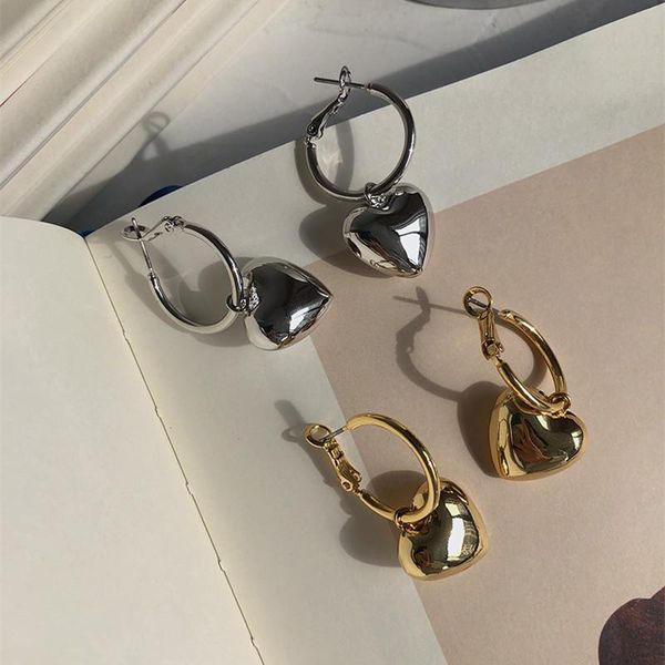 

hoop & huggie aomu 1pair trendy chic personality heart pendant circle simple gold silver color metal earrings for women 2021 party jewelry, Golden;silver