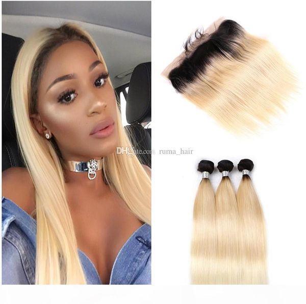 

brazilian frontal 613# silky straight 13*4 lace frontal with baby hair human hair ombre blonde hair extension with bundles two tone fashion, Black;brown