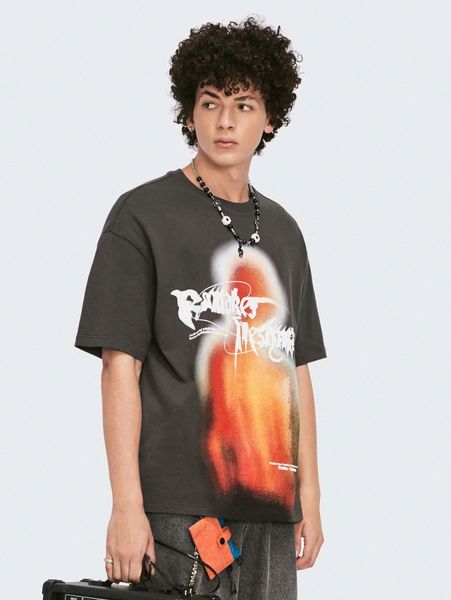 

men drop shoulder letter & graphic print oversized tee x50q#, White;black