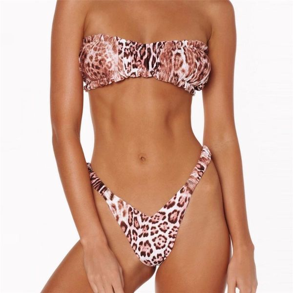 

women's bandeau bikini swimsuits leopard off shoulder high waist thong bikinis set bathing suit brazilian swimwear 2021