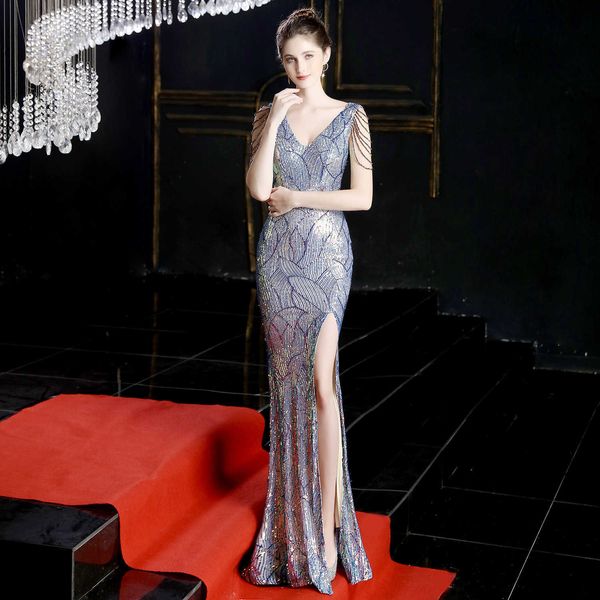 

luxury evening dress 16596# sequin evening long banquet slim fitting fishtail elegant celebrity party annual meeting host, Black;gray
