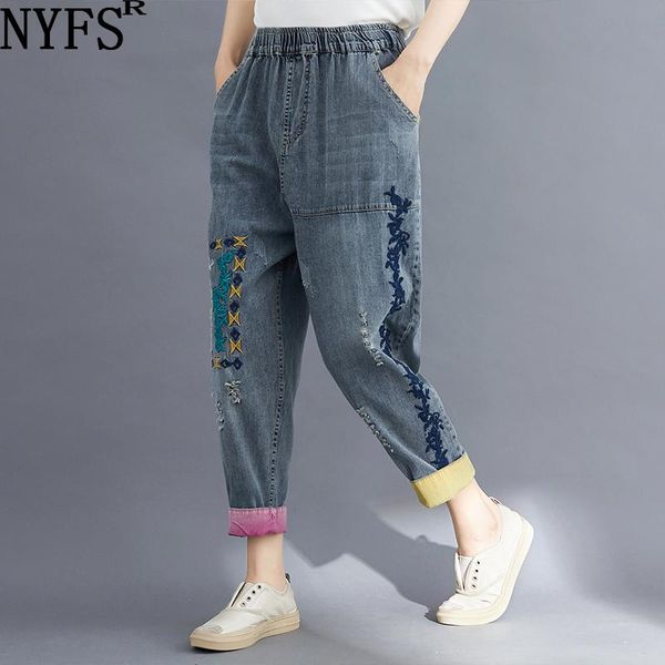 

women's jeans nyfs 2021 summer women loose embroidery harem pants hole elastic waist patch denim nine trousers, Blue