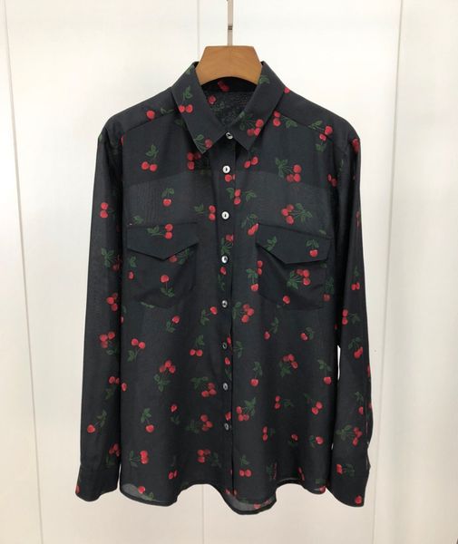 

2021 new 100% seda feminina cereja impresso manga longa bolsos duplos blusa doce camisa 1gpg, Black