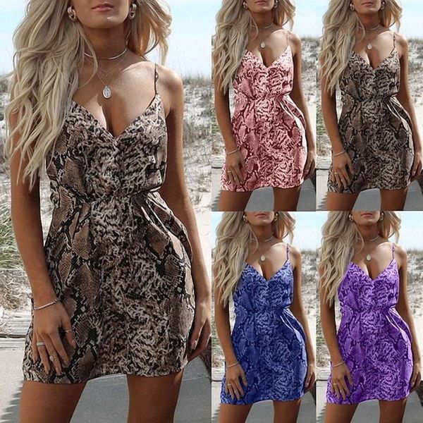 

high waisted snake print v-neck tank dress summer open back sleeveless miniskirt skirt, Black;gray