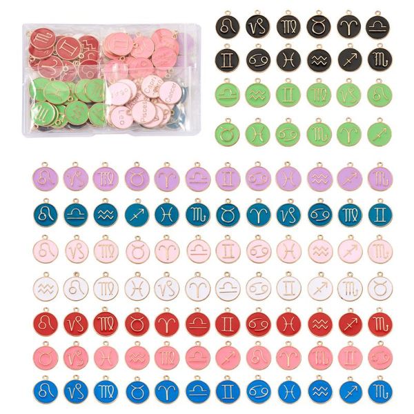 

charms 1 box alloy enamel twelve constellations pendants flat round for diy handmade jewelry making necklace accessories mixed color, Bronze;silver