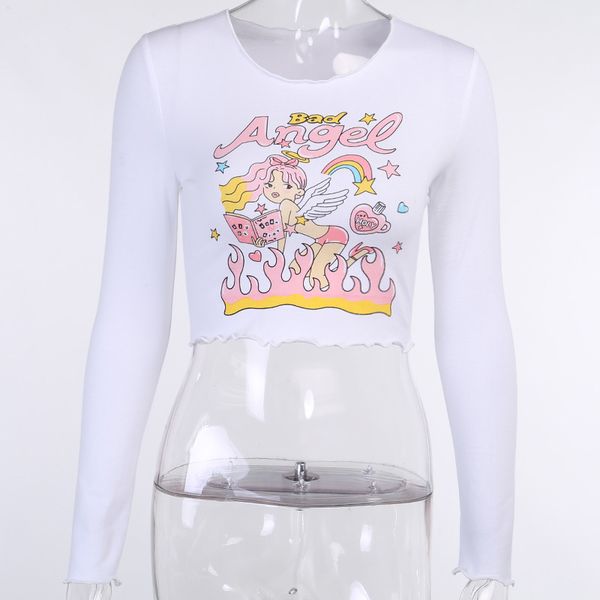 

harajuku slim long sleeve angel print crop women streetwear bodycon o-neck white t-shirt female autumn casual