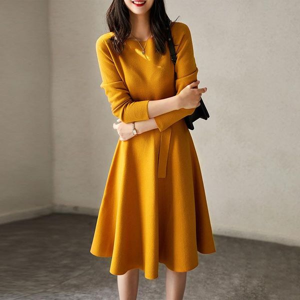 

casual dresses solid autumn winter women dress knitted sweater knee length high waist sashes office ladies work elegant a-line japanese, Black;gray