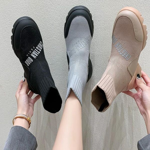 

boots autumn winter keep warm socks women thick-soled casual large size knitted set of feet short snow 2021, Black