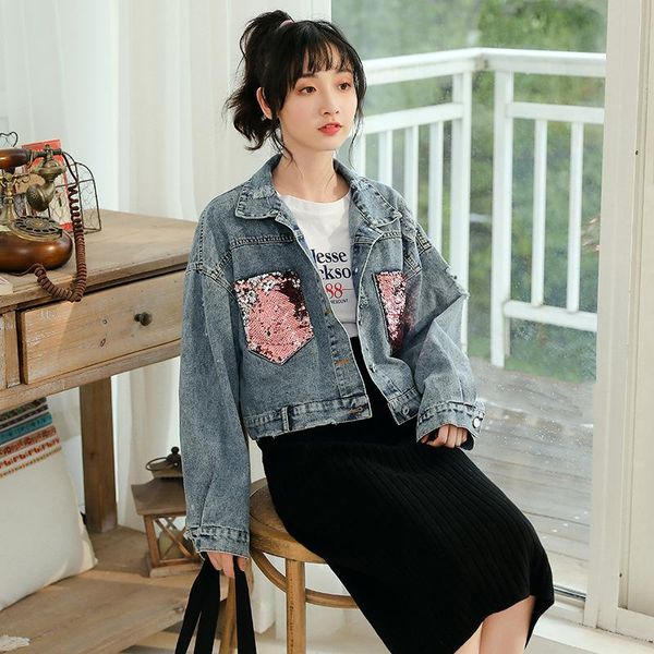 

women's jackets 2021 hole jean jacket women spring short sequin denim coat splice streetwear autumn bomber female outerwear, Black;brown