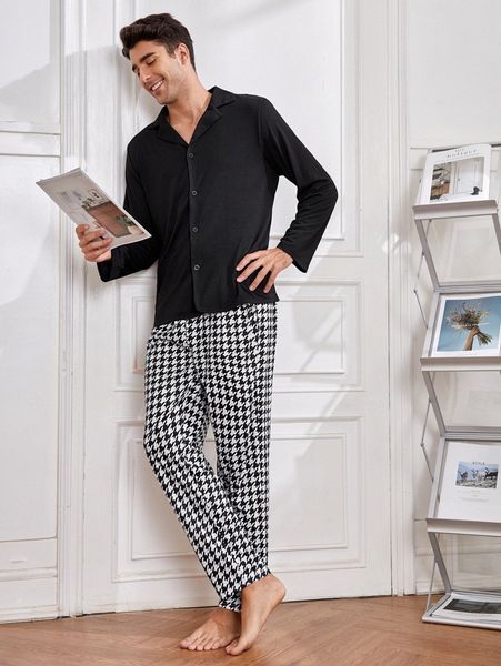 

men solid & houndstooth print pants pj set t3pk#, Black;brown