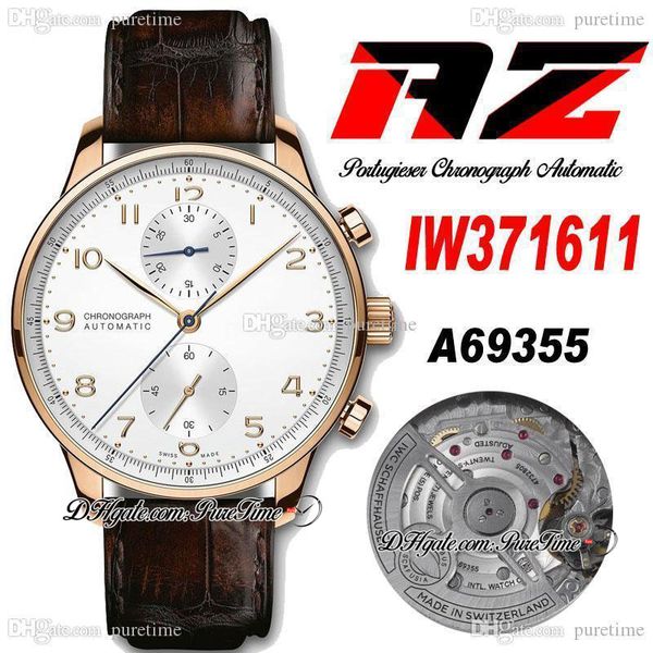 

azf iw371611 a69355 automatic chronograph mens watch rose gold silver dial champagne number markers brown leather strap satch super edition, Slivery;brown